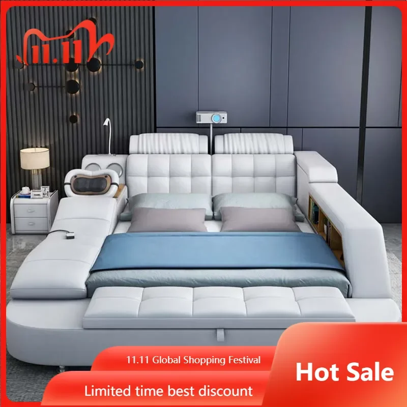 

Luxury Adjustable Bed Leather Massager Bluetooth Comferter Modern Bed Storage Electric Lit Multifonctionnel Bedroom Furniture