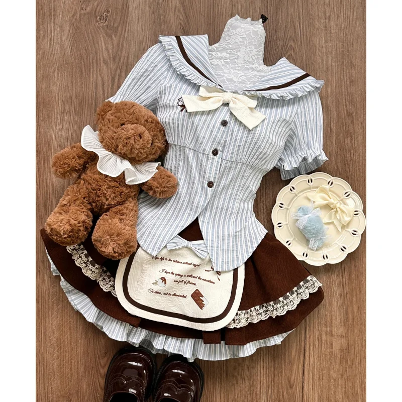 Kawaii Lolita Style Sweet 3 Piece Set Woman Cute Bow Stripe Shirt Tops Lace Ruffles Cake Mini Skirts Female Korean Fashion Suit