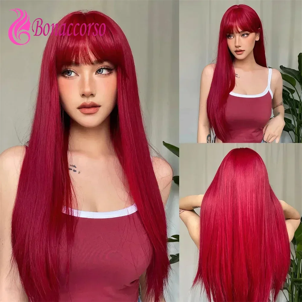 Wine Red Blunt Bangs Synthetic Long Straight Wig For Women 28 Inch Highlight Hair Heat Resistant Fiber Fashion Wig Daily Use