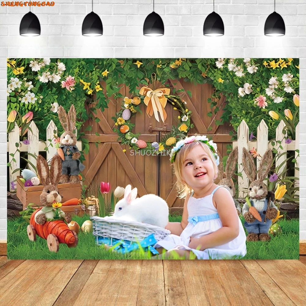 

Easter Spring Backdrop Colored Eggs Rabbit Garden Bunny Birthday Wood Door Photography Background For Photo Studio Photophone