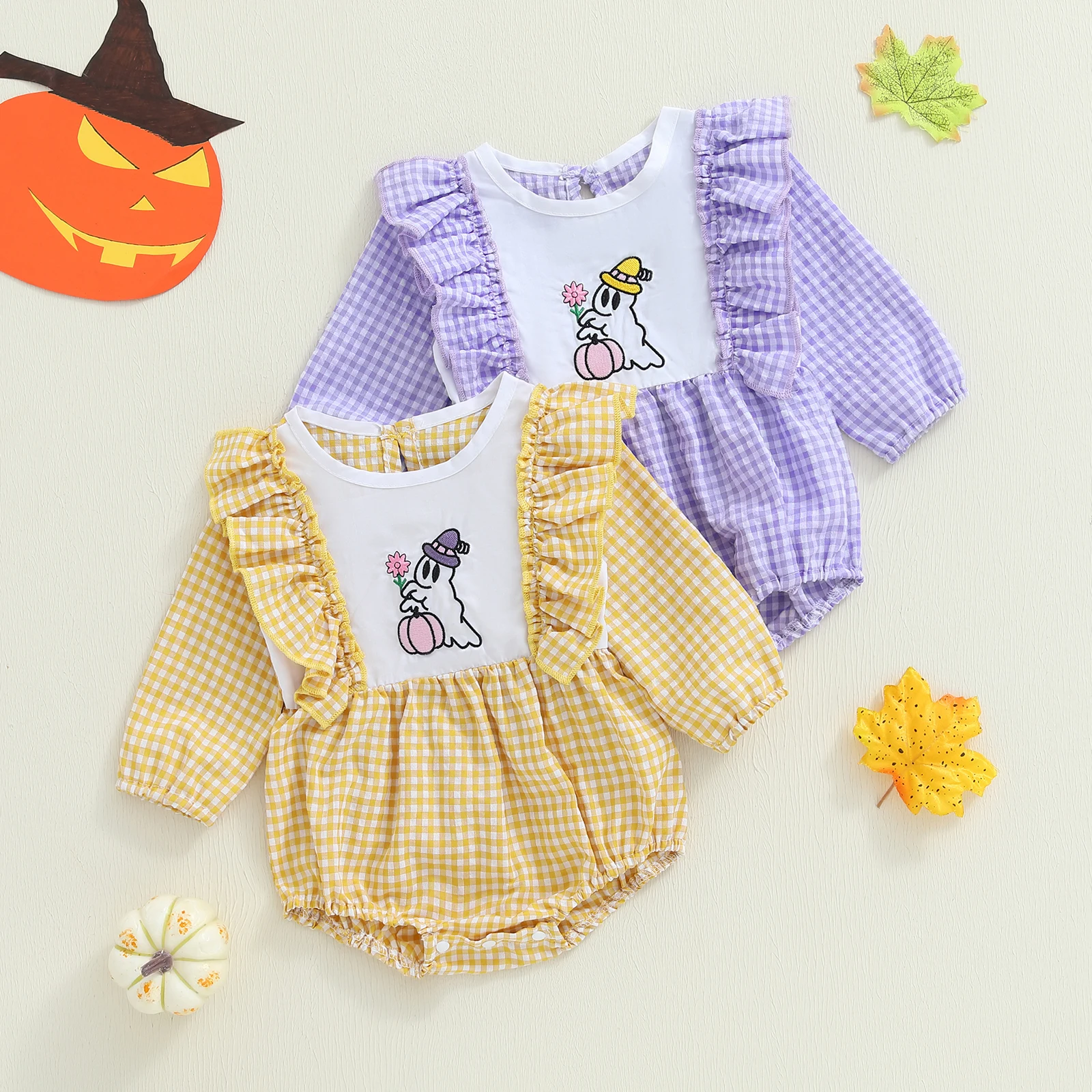 VISgogo طفلة هالوين منقوشة رومبير اليقطين الساحرة شبح المطرزة كشكش تقليم كم طويل بذلة لطيف الخريف الملابس