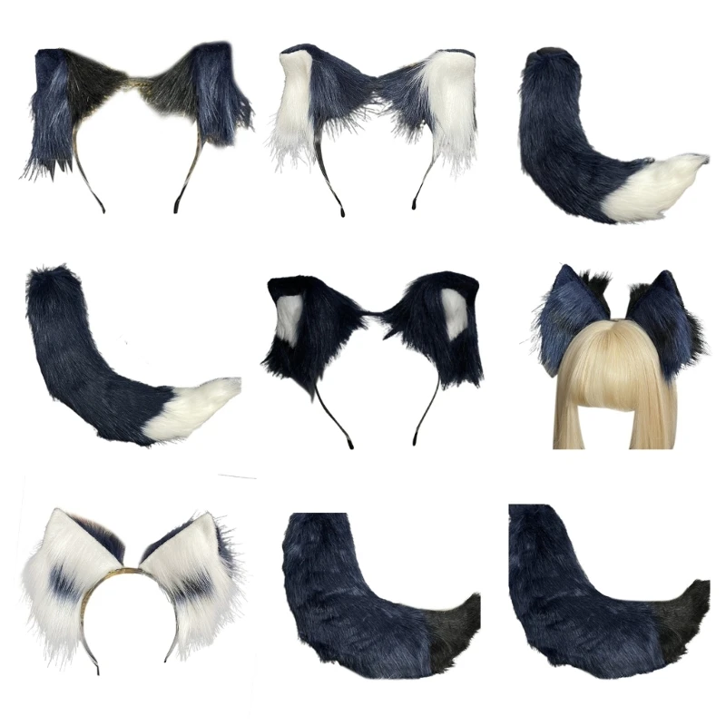 

Q0KE Wolf Ear Headband Tail Girls Cosplay Accessories Ears Blue Fursuit Masquerade Halloween Cosplay Party