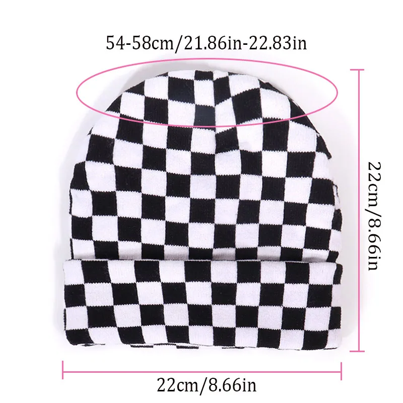

Checkered Jacquard Roll Brim Knit Beanie - Minimalist White Streetwear Unisex Couple Winter Hat