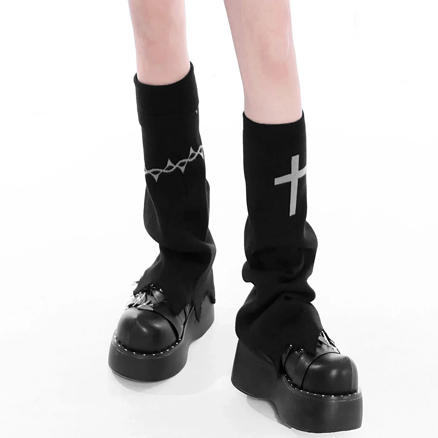 

New Spring Autumn Hot Girl Punk Harajuku Cross Knitted Hosiery Black Handmade Leg Cover