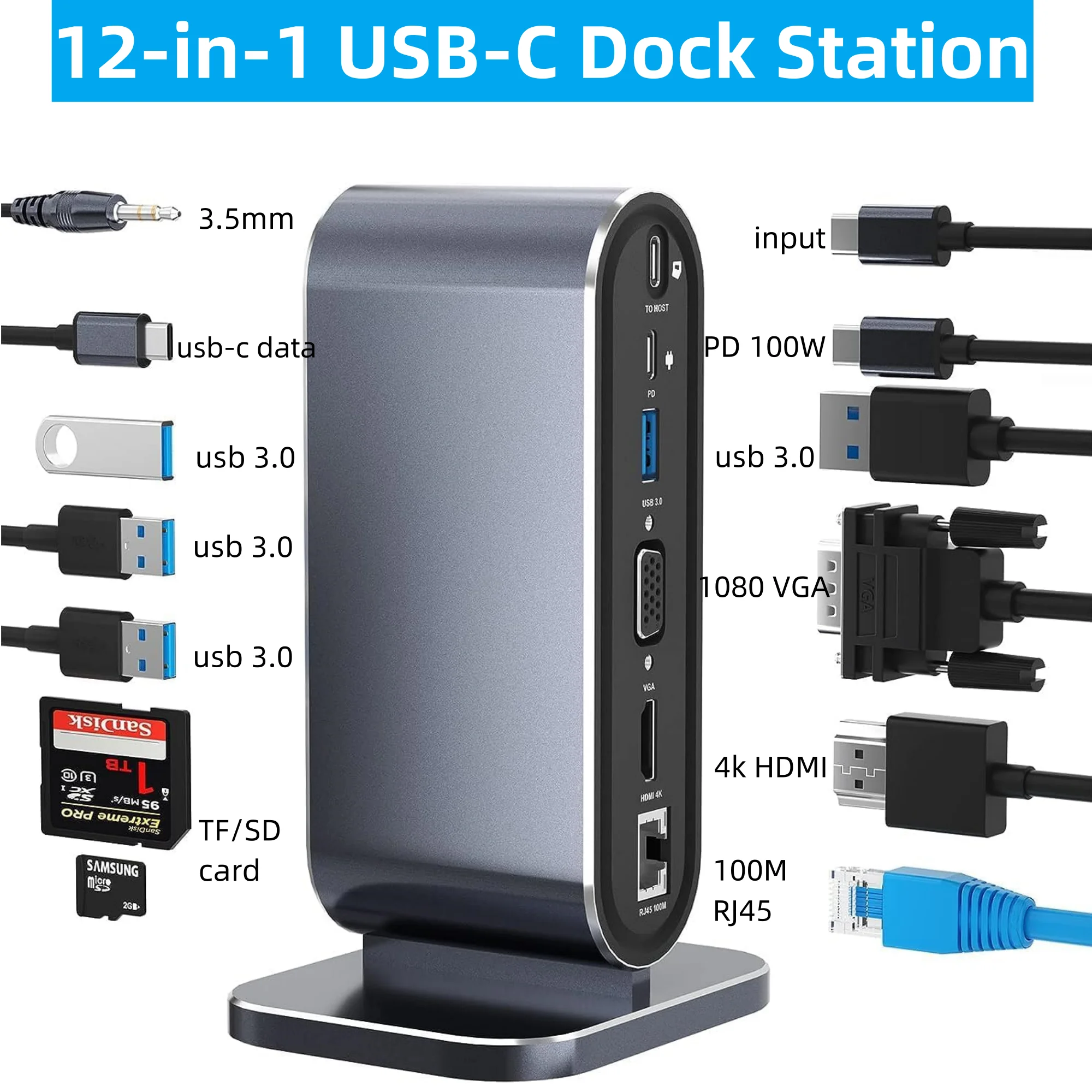 

12-in-1 USB C Docking Station with 100W PD USB-C 4K HDMI VGA USB 3.0 RJ45 SD/TF Cards Reader Audio for Windows Mac Xiaomi Laptop