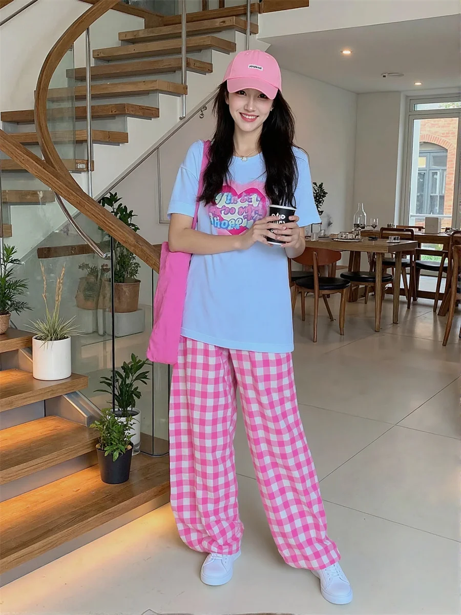 سروال نسائي فضفاض أزرق وردي منقوش على طراز الهيب هوب على طراز الشارع موضة حضرية مادة ناعمة مريحة ملابس يومية رائعة #4