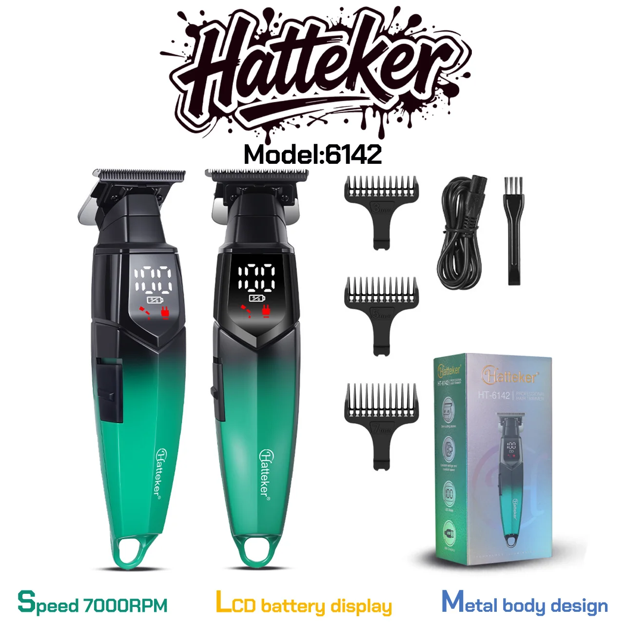 

Профессиональный триммер для волос Hatteker HT-6142, 7000 об/мин, мужская машинка для стрижки волос, инструмент для стрижки бороды, серо-зеленая бритва