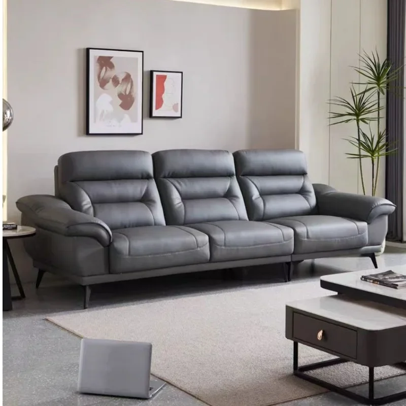 First layer yellow cowhide leather sofa modern simple living room furniture high foot high backrest soft bag Internet