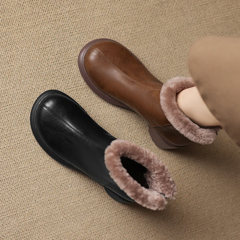 2026 new autumn winter women ankle boots natural leather plus size 22-25cm split leather+wool back zip thick heel short boots