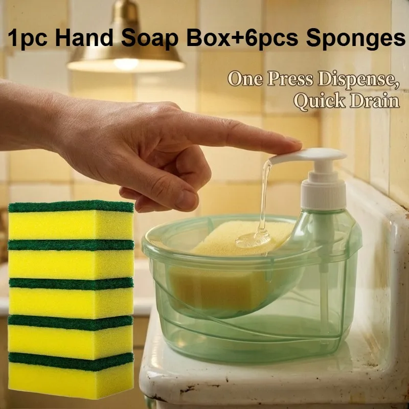 7pcs/set (1pc Hand Soap Box, 6pcs Sponges) Kitchen Soap Dispenser, Press-type Dishwashing Liquid Dispenser