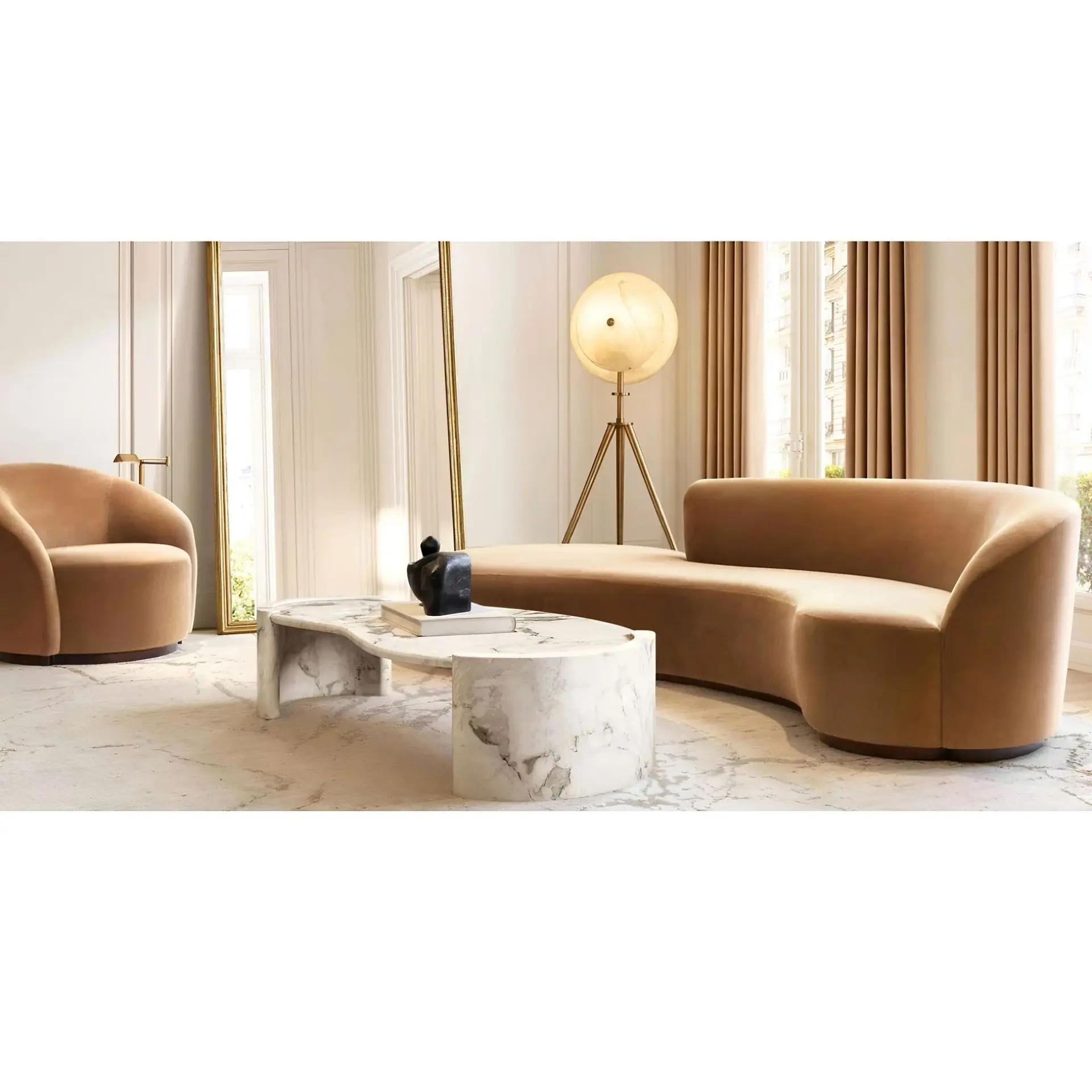 #Minimalist Three Seat Curved Sofa with Flannel/Flocking Cover Nordic Light Luxury Design for Small Apartment Living Room