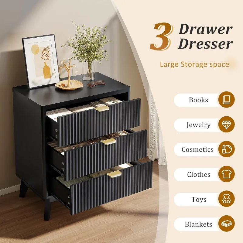 플루티드 나이트스탠드 3서랍 드레서, 모던 우드 침대 옆 테이블 곡선형 프로파일, 플루티드 드레서 & 우드 서랍