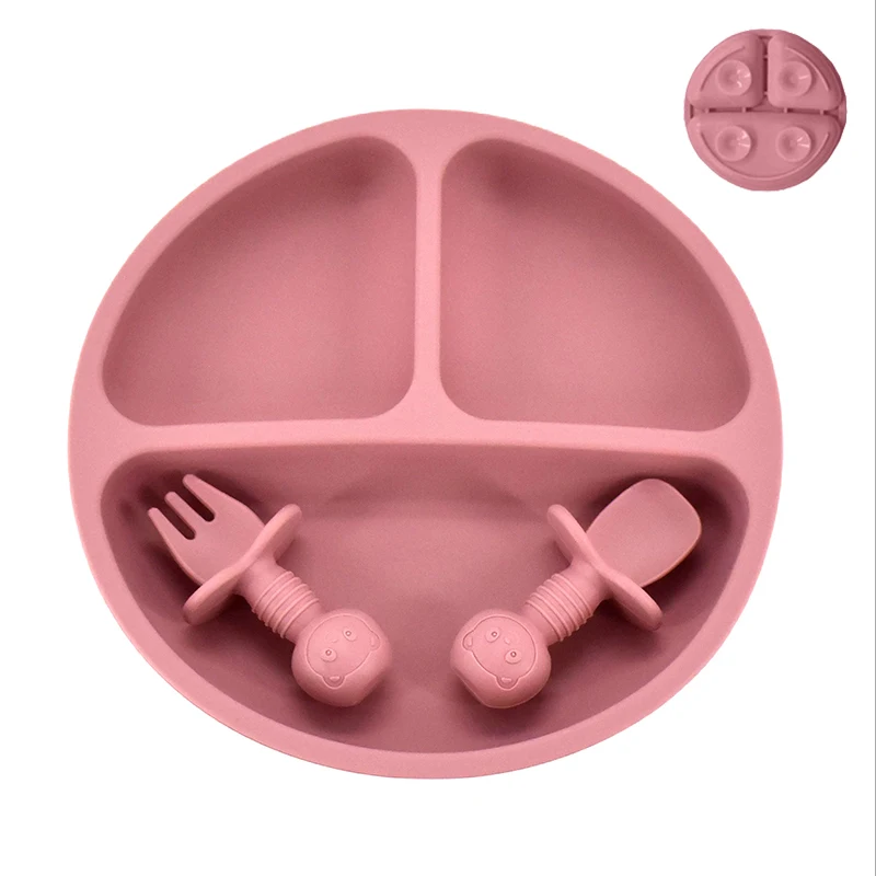 3P Baby Safe Sucker Silicone Dining Plate With Lid Solid Cute Children Dishes Suction Plate Training Tableware Kids Feeding Bowl