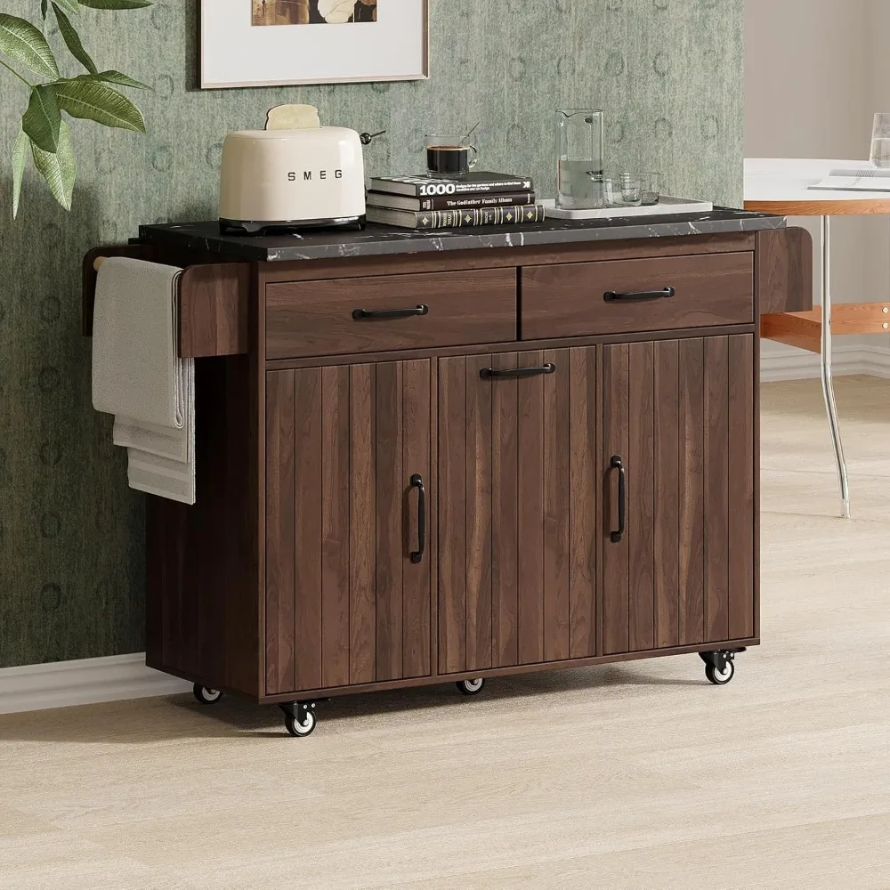 

Kitchen Island with Trash Can Storage, Rolling Kitchen Cart on Wheels with Drop Leaf, Drawers, Adjustable Shelf and Tilt Out