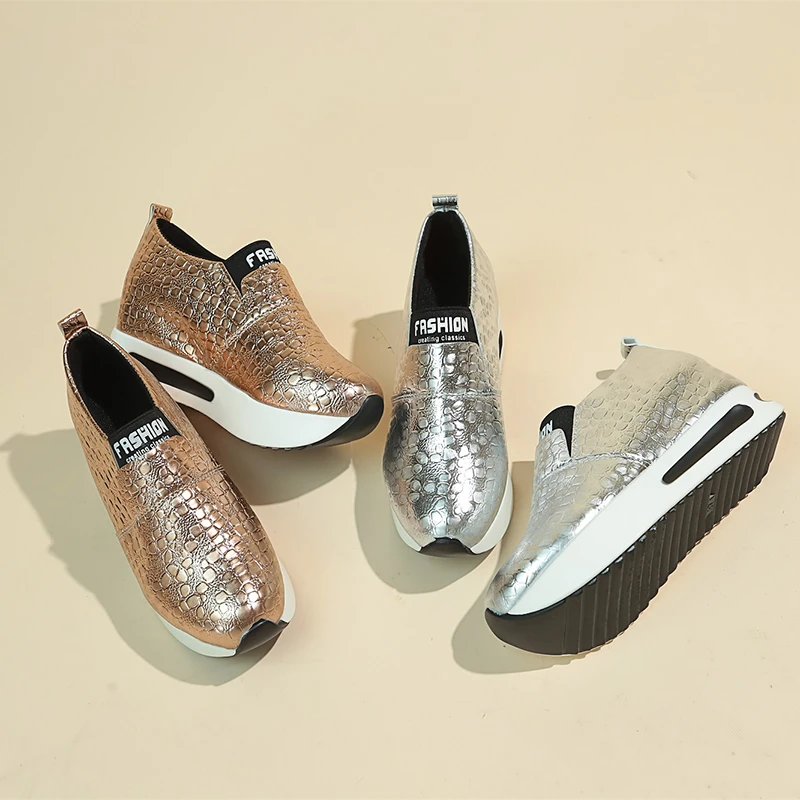 Modische Damen Metallic-Krokodil-Textur Slip-On Versteckter Keilabsatz Plateau-Schuhe Damen Höhenverstärkende Casual Walking Loafers Sneakers – Detail 15
