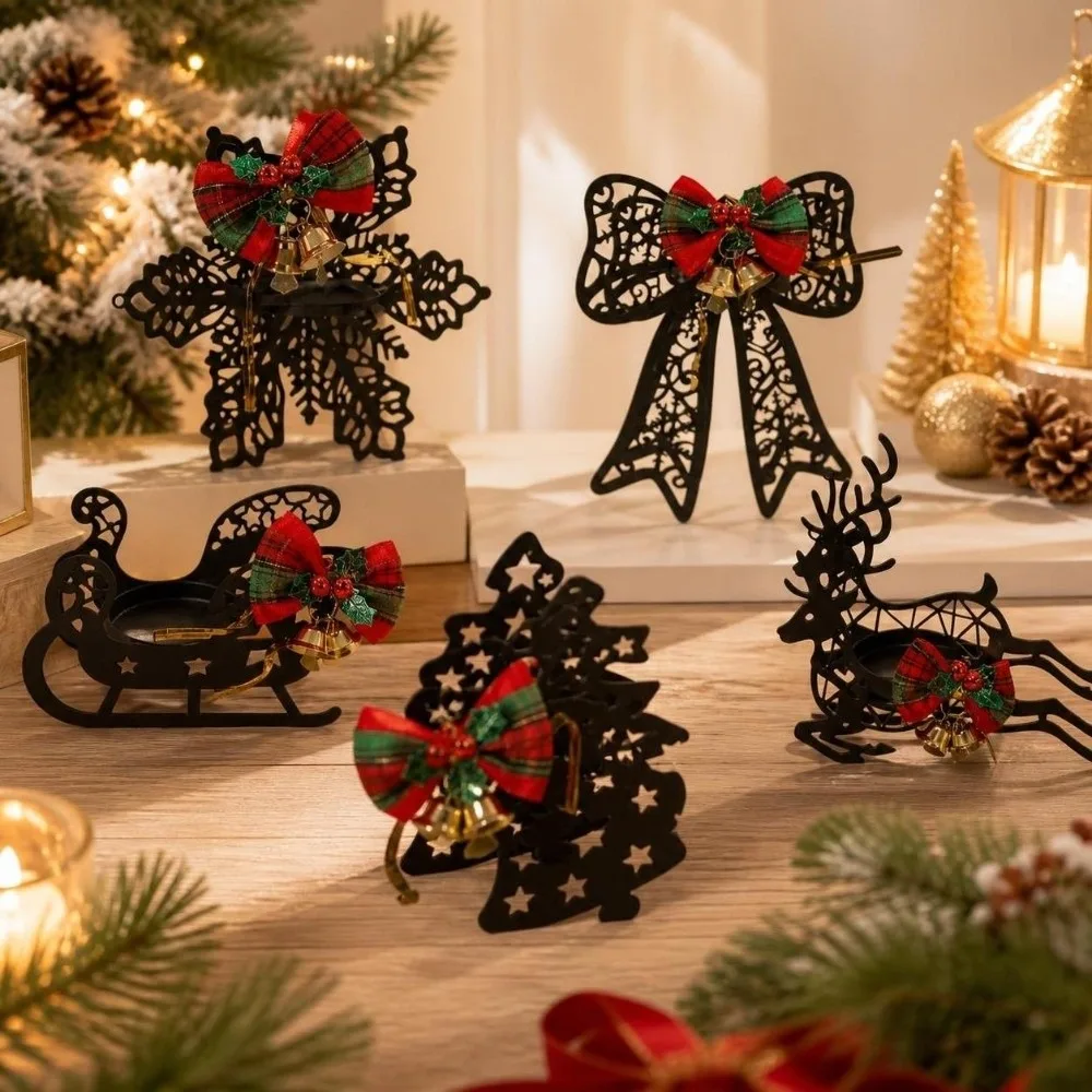 Deer Elk Christmas Candle Holder Bell Snowflake Xmas Desk Decoration Hollowed-out Bow Christmas Ornaments Christmas