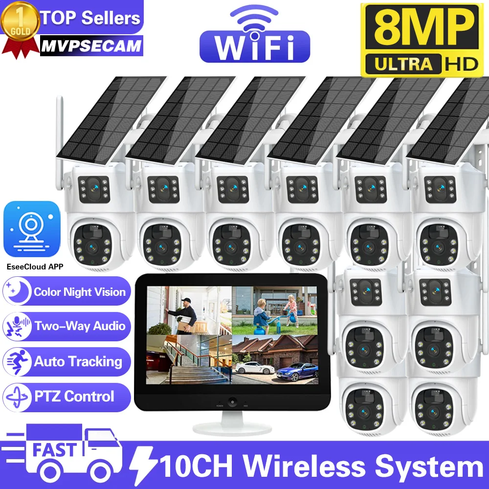 

10CH Wireless NVR 4k 8mp Dual Lens Wifi Solar PTZ Auto Tracking Video Surveillance System External Monitoring Cctv Camera Kit