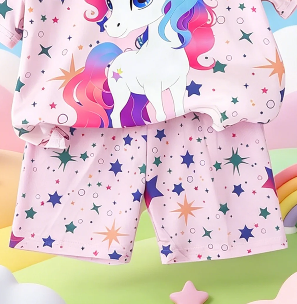 Set mit Einhorn-Print für Mädchen, rosa, kurzärmelig, mit Stern-All-Over-Print, Shorts im süßen Stil – Detail 5