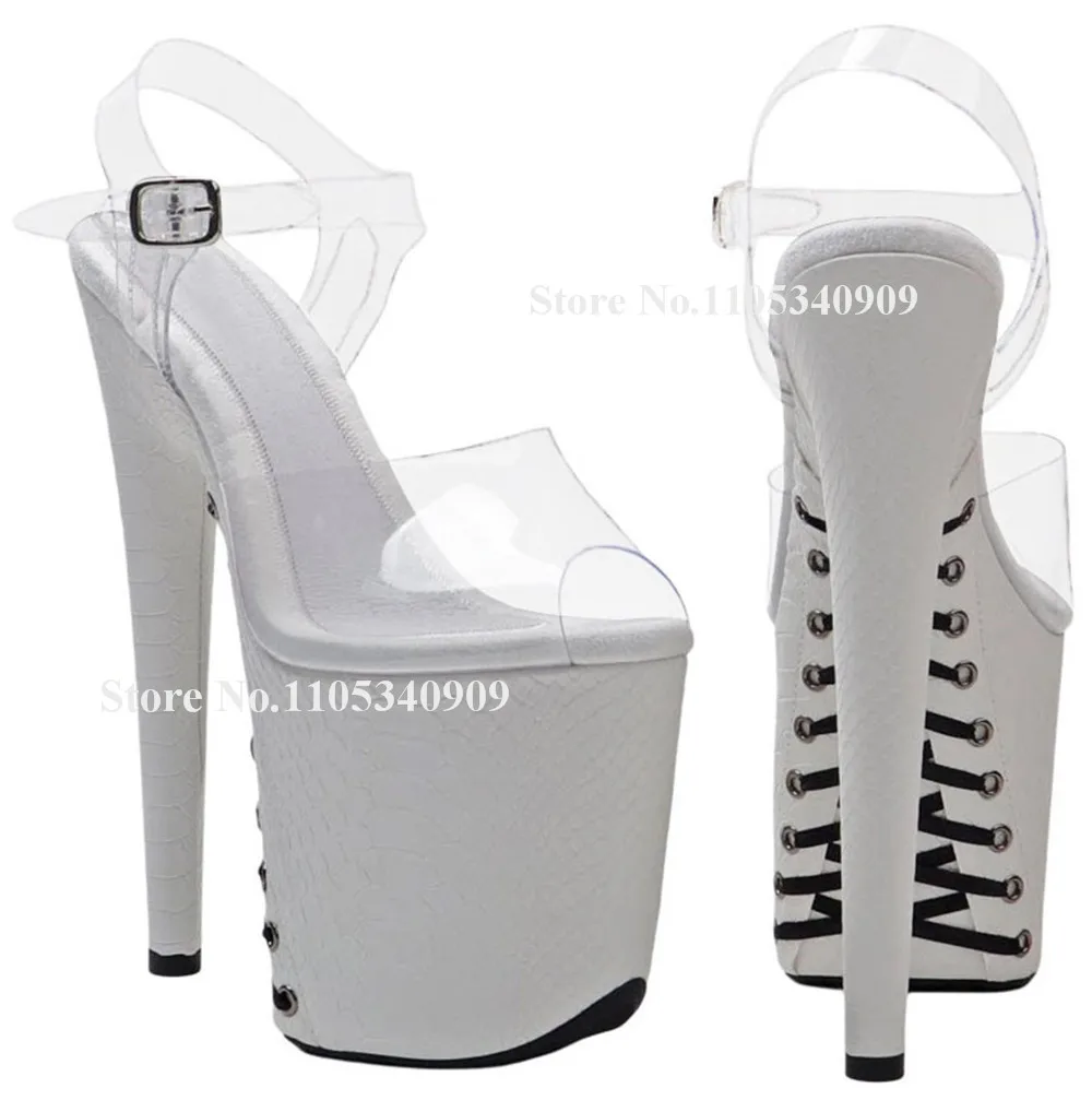 Bondarenko White Snakeskin Leather Stiletto Heel Sandals Clear PVC Straps Lace-up High Platform 20cm Thin Heel Dance Shoes