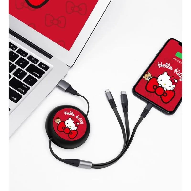 Sanrio Hello Kitty Cartoon Cute Data Cable High-looking Girly Heart Convenient Travel Three-in-One Mobile Phone Charging Cable