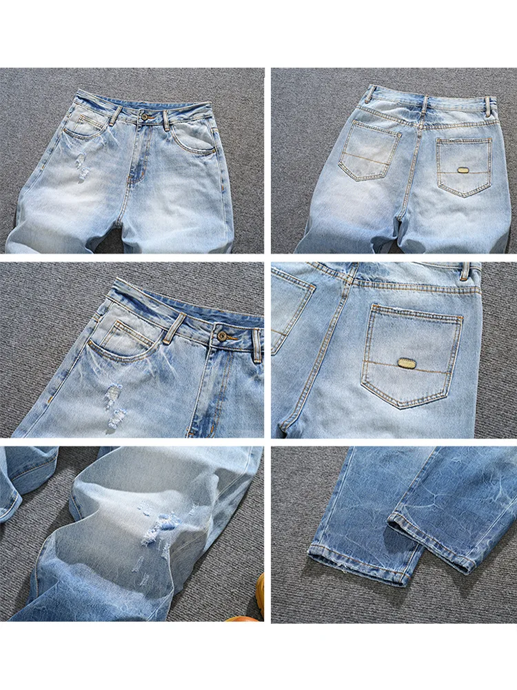 2025年春夏トレンドブランド、メンズ＆ユース向けルーズストレートジーンズ、レトロハイストリートグラデーションブルーパンツ