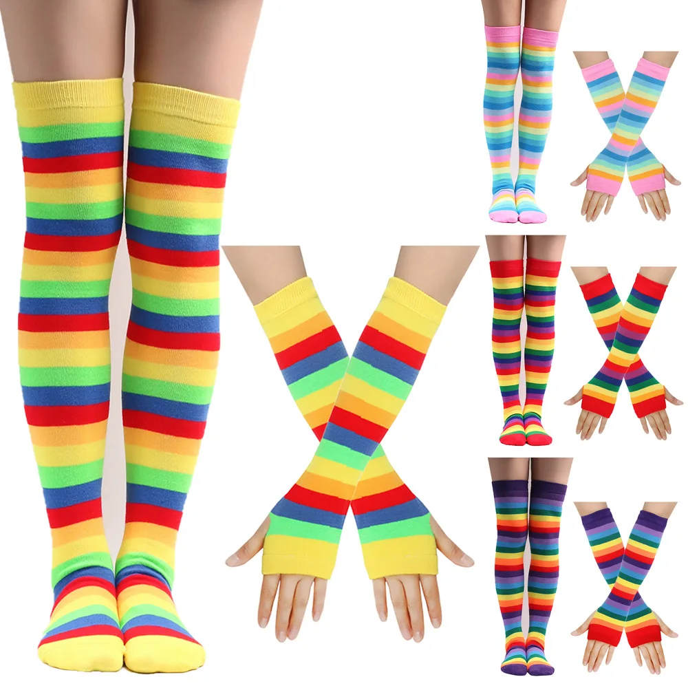 New Colorful Rainbow Stockings Striped Long Socks Knee Thigh High Socks School Girls JK Uniform Halloween Cosplay Accessories