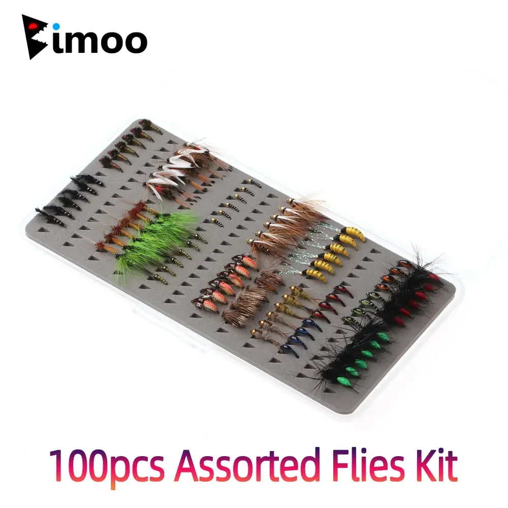 

Bimoo 100pcs Assorted Fly Fishing Lure Kit Dry Wet Elk Hair Caddis Royal Wulff Princess Nymph Scuds Epoxy Midge Trout Fish Baits