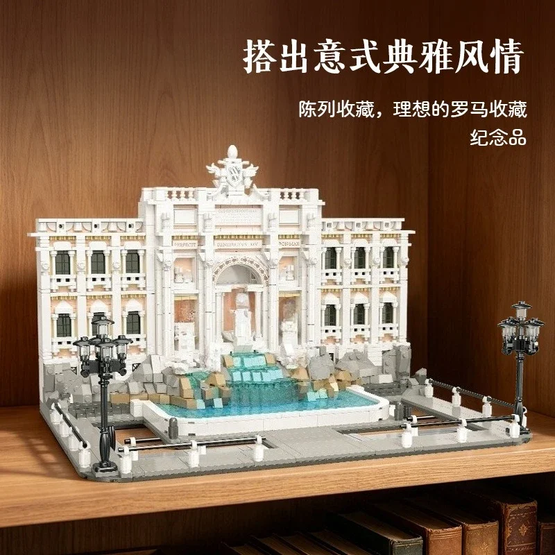 MOC Trevi Fountain Rome Landmark Building Blocks Model With LED Lights Advanced Assembly Architectural Collection