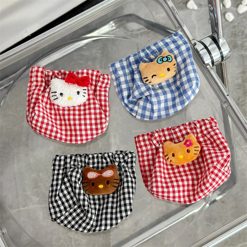 Kawaii Sanrio HelloKitty Change Bag Anime Cartoon Cute Beauty Ins Girl Heart Plaid Bag Small  Card Bag Wallet Children Gifts