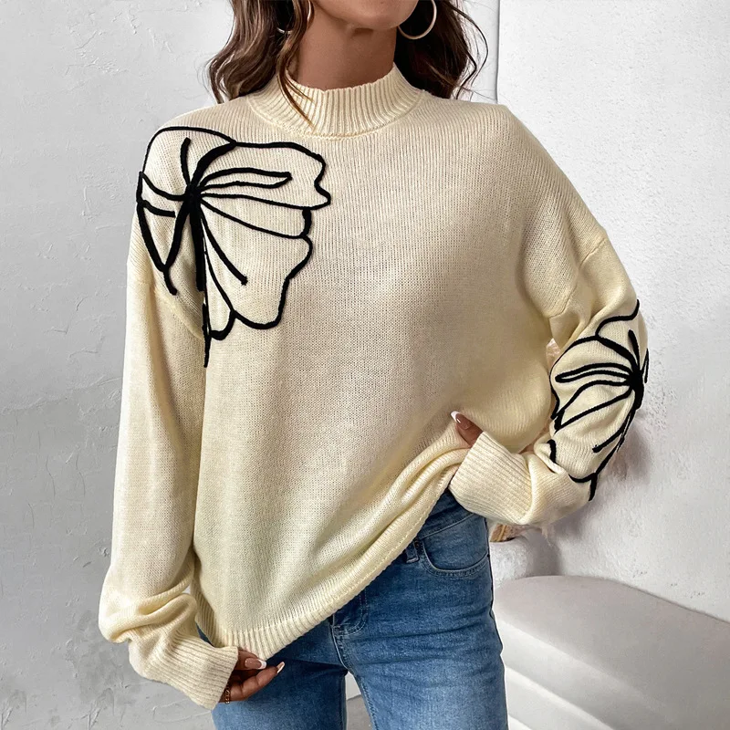 Women's Half High Collar Long Sleeve Casual Trendy Apricot Simple Basic Loose Flower Knitted Sweater Pullovers Female Clothes