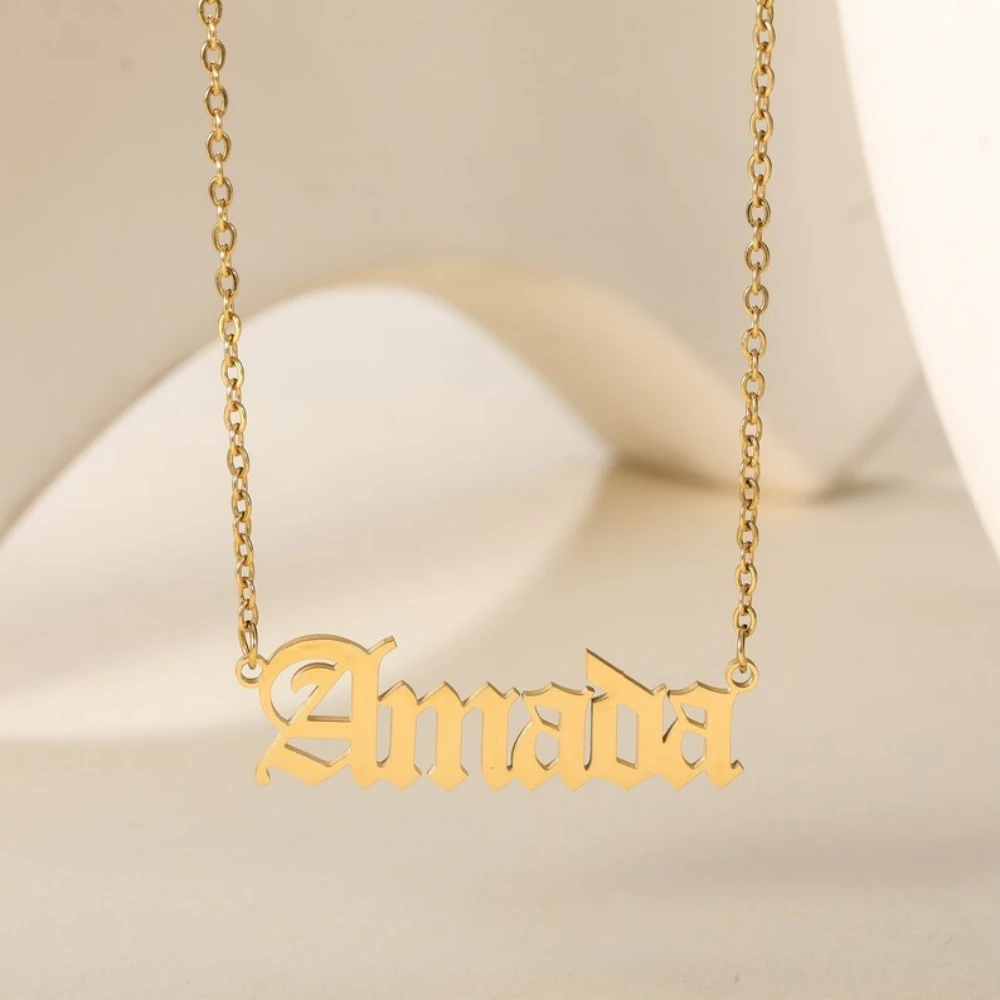 Custom Name Necklaces for Women Stainless Steel Jewelry Personalized Old English Letter Nameplate Pendant Choker Christmas Gifts