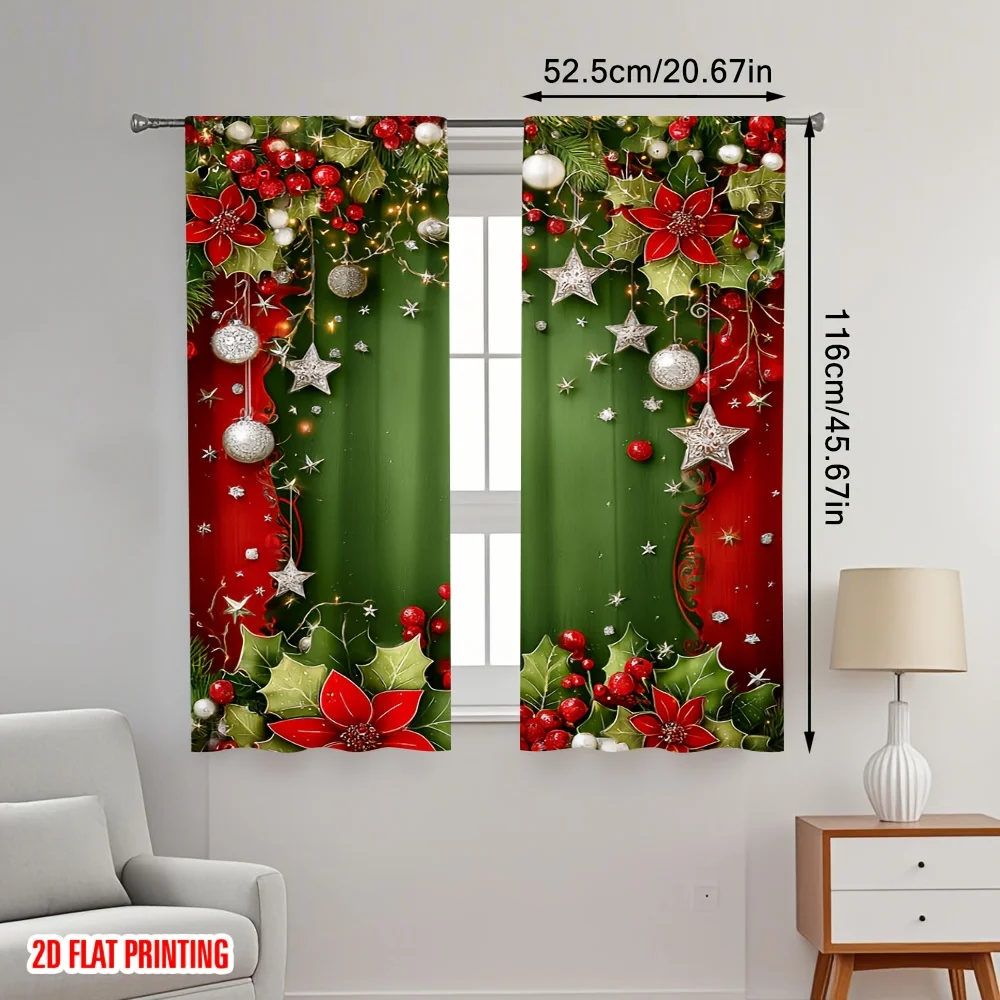 2pcs Christmas Greenery Berries Print Curtains, Semi-Sheer Polyester Rod Pocket for All-Season Home Decor