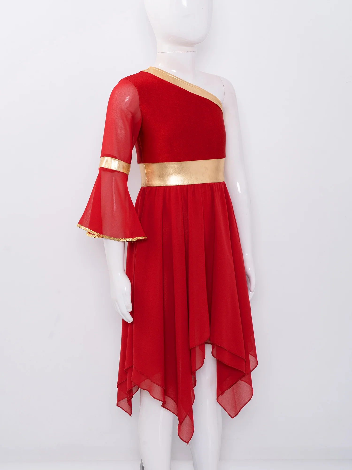 Kids Girls One Shoulder Praise Ballet Lyrical Dance Costume Worship Dress Celebration Irregular Hem Liturgical Dancing Dresses