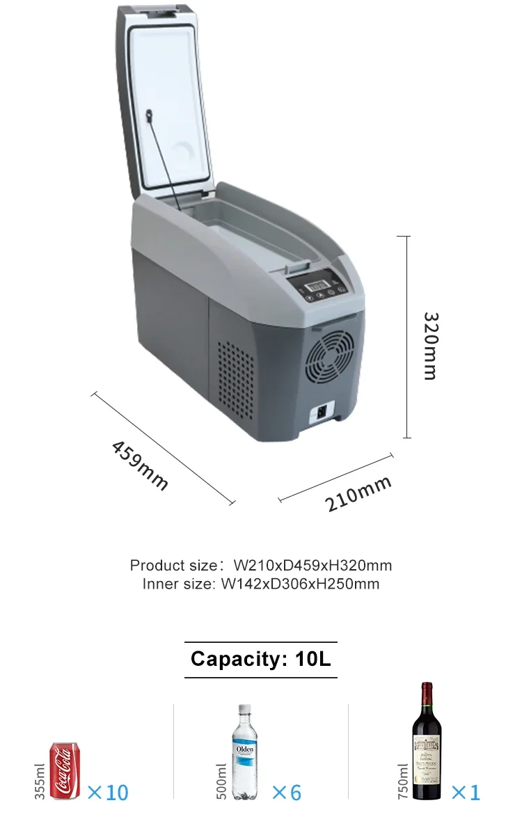ミニポータブルカー冷蔵庫、電子コンプレッサー、アームレスト、冷凍庫、冷蔵庫、10l