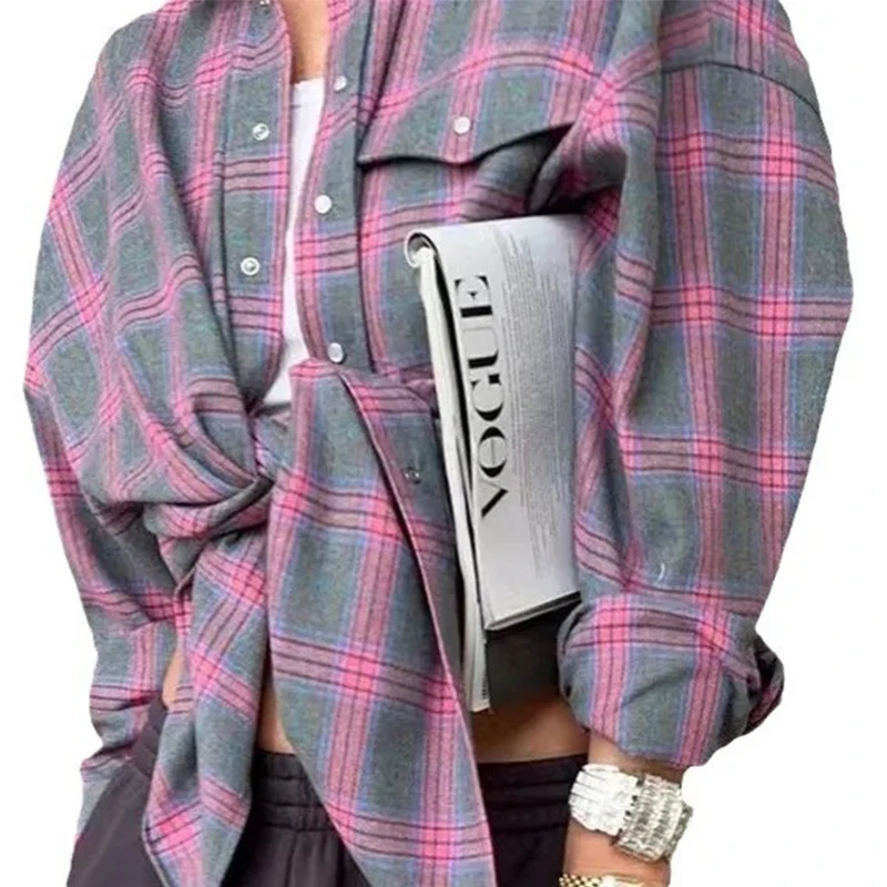 Women Vintage Long Sleeve Shirt Oversized Plaid Shirt Autumn Winter Fashion Loose Lapel Pocket Shirt Fit Blouse Korean Style