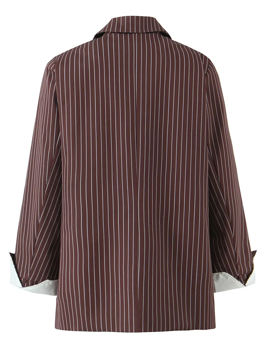 

American Sle Casual Striped Loose Two Button Women's Suit Jaet Polyester Fiber Long Sve Flat Collar Daily Wear