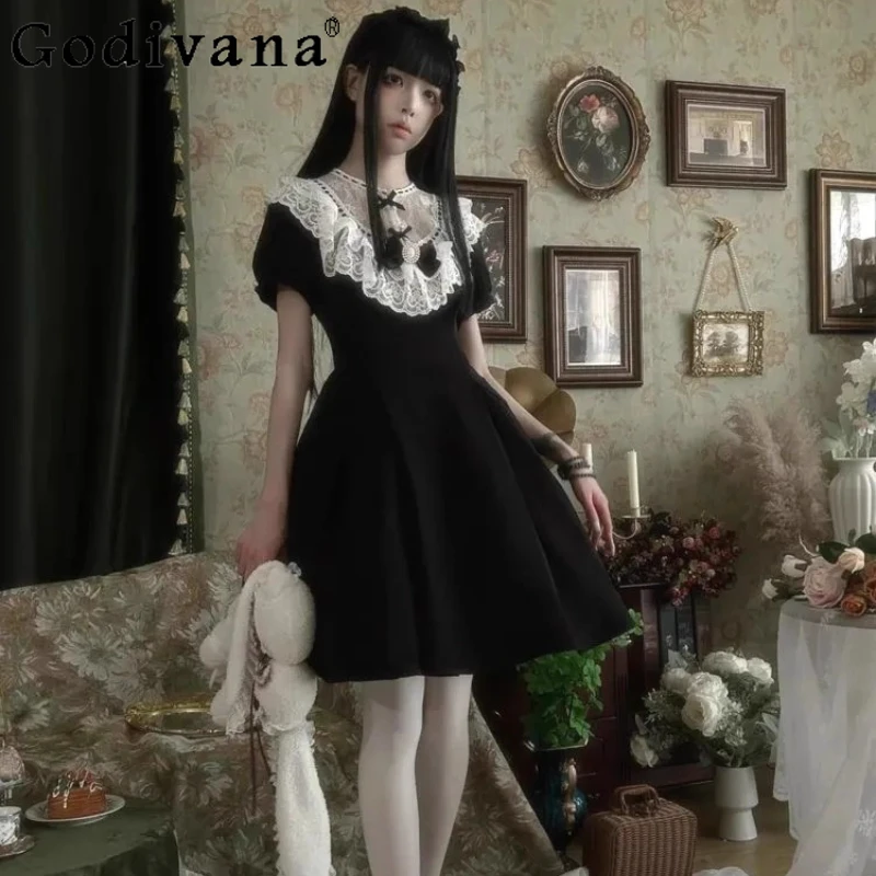 

Элегантное утягивающее платье для женщин, летнее новое стильное черно-белое лоскутное платье для девочек, кружевное платье с короткими рукавами и бантом