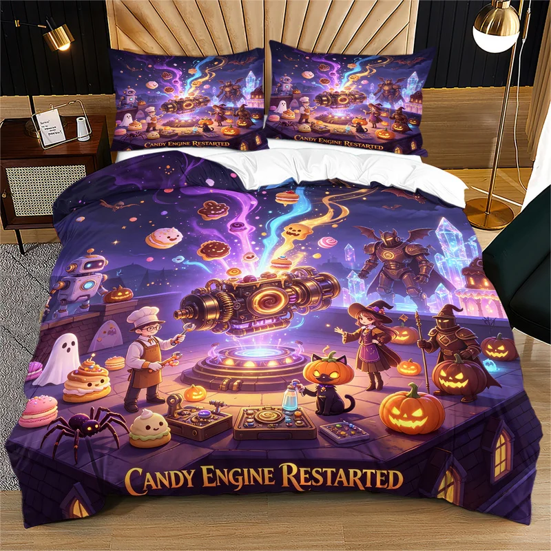 2/3Pcs Microfiber Duvet Cover Set,Ultra-Soft,Breathable,Skin-Friendly,Durable,Candy Engine Restarted Halloween Fantasy Scene