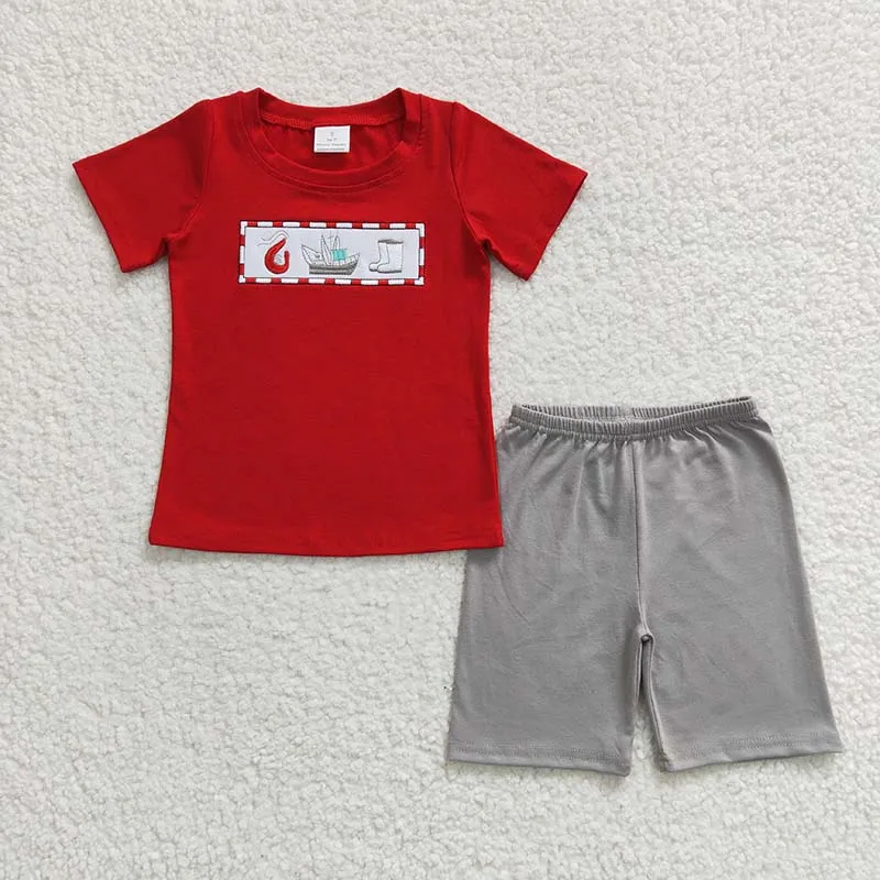 Wholesale Baby Girl Boy Summer Set Short Sleeves Crawfish Embroidery Cotton Red Shirt Tee Kid Shorts Children Matching Outfit