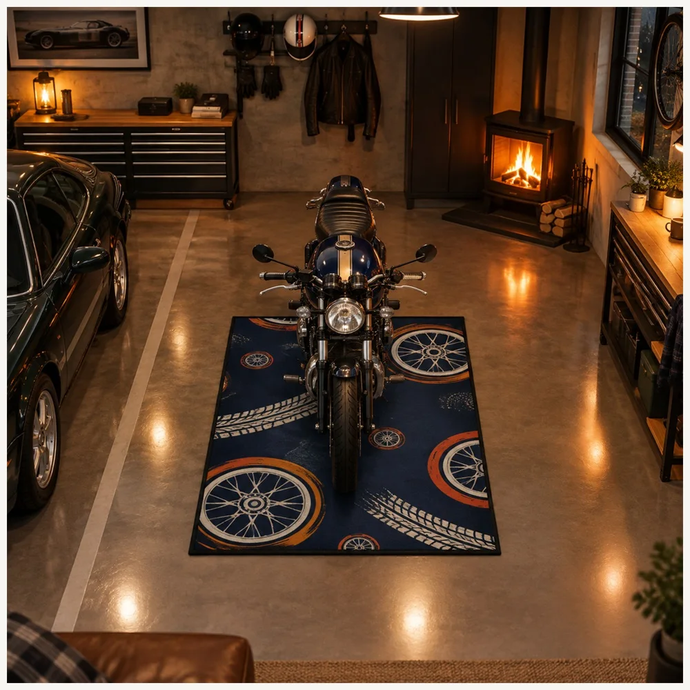 VIKAMA Racing Retro Navy Orange Tyre Wheel Flannel Door Mat, Washable Quick Dry Door Mat, Garage Decor for Dining Room, Bathroom