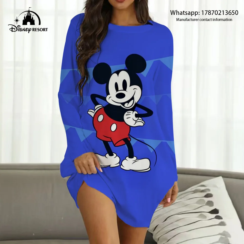 Vestido informal de primavera y verano para mujer, estampado 3D de dibujos animados de Mickey, manga larga, cuello redondo