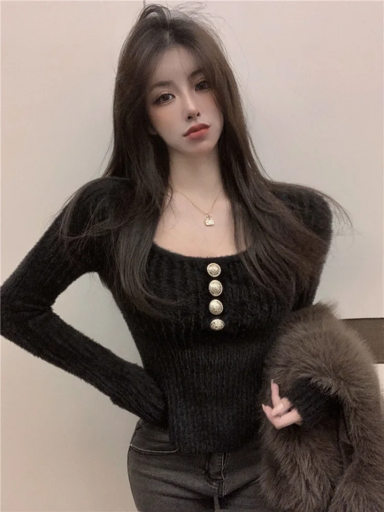 New Solid Color Cropped Pullovers Women Clothing Long Sleeve Square Collar Single Breasted Jumper Tunic Knitted Sweater Y2k Tops