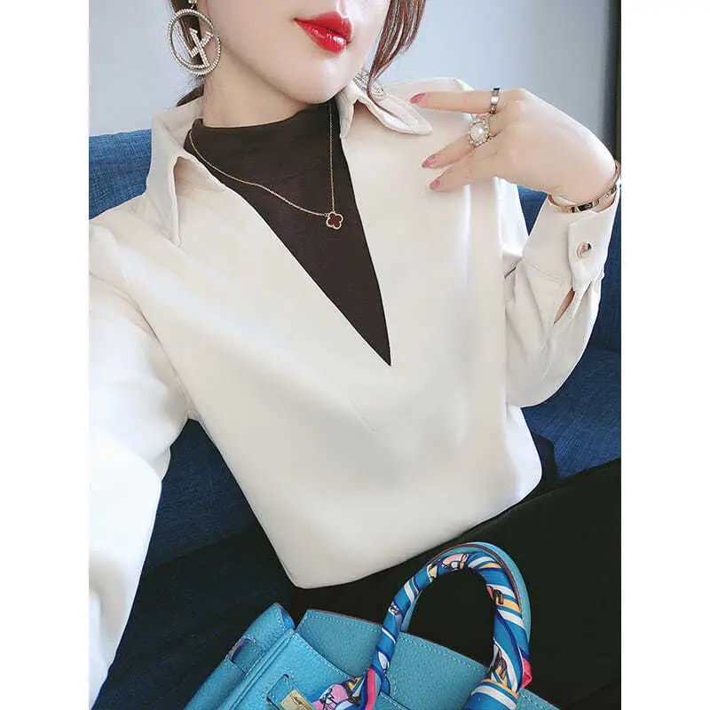 Women's Fake Two Pieces Solid Color Spliced Shirt 2022 Spring Autumn Fashion Elegant Female Turn-down Collar Long Sleeve Blouse