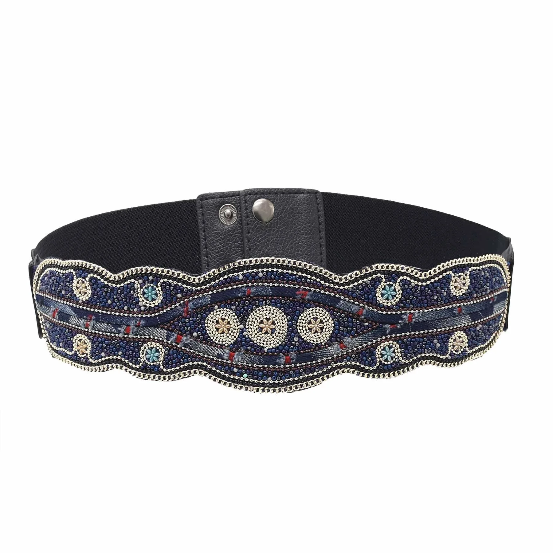 

Bohemian Retro Waist Belt Leather Bead Geometric Pattern Waist Cover Character Slimming Belt