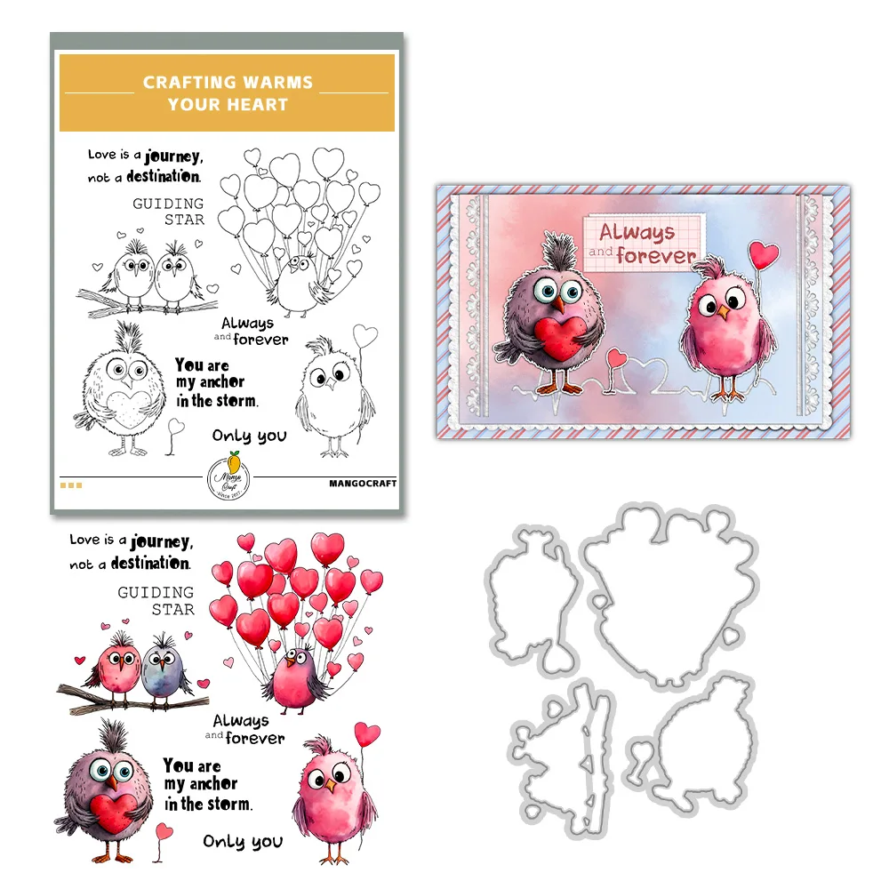 Mangocraft Little Birds & Heart Balloons Cutting Dies Clear Stamp DIY Scrapbooking Metal Dies Silicone Stamp For Cards Albums