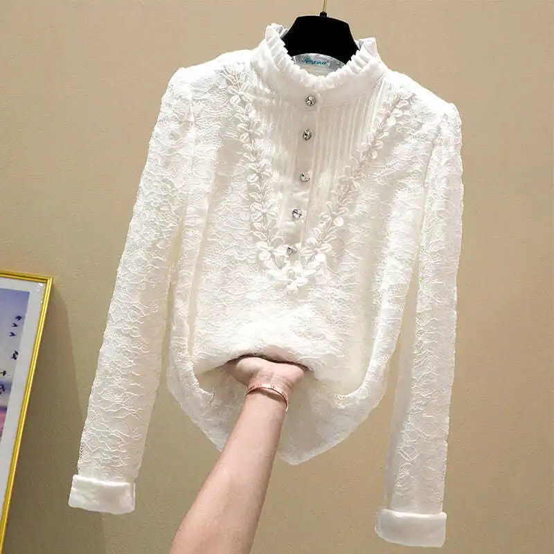 

New Fashion Lace Blouse Women 2024 Stand-up Collar White Shirts Woman Korean Style Blouses Sweet Long Sleeve Tops Blusas N26