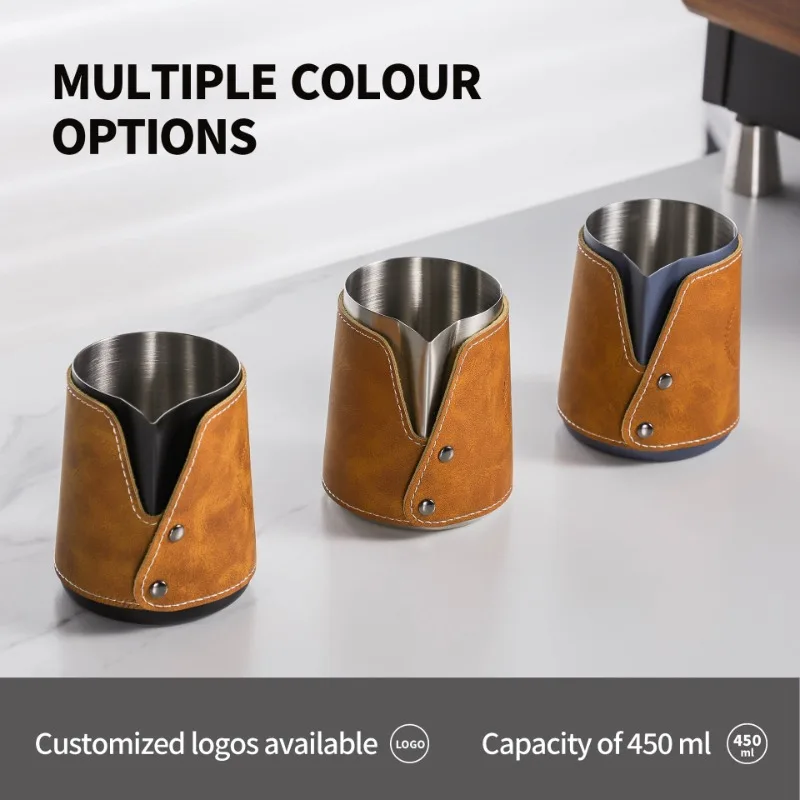 450ML Stainless Steel Pointed Coffee Latte Cup Milk Jug with Leather Cover Milk Foam Cup Coffee Latte Art Cup Barista Tool