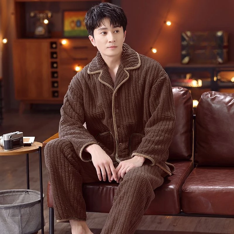 Male Wintertime Add Fleece To Thicken Flannel Men's Winter Style Can Be Worn Outside Loungewear Set Coral Fleece Pajamas