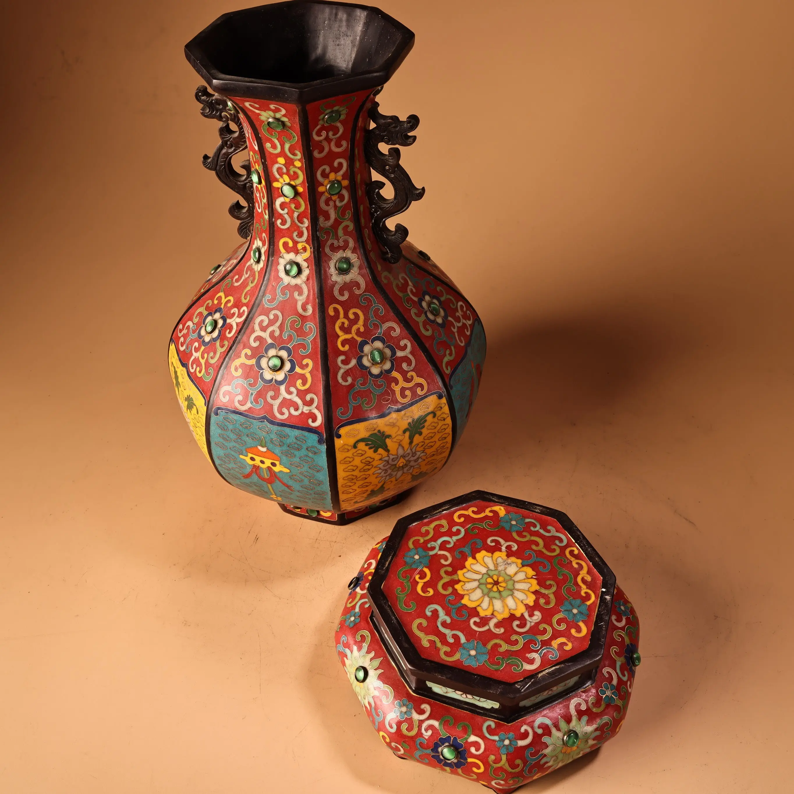 Vintage Chinese Copper Cloisonne Enamel Octagonal Vase Heavy Patina Fine Craft