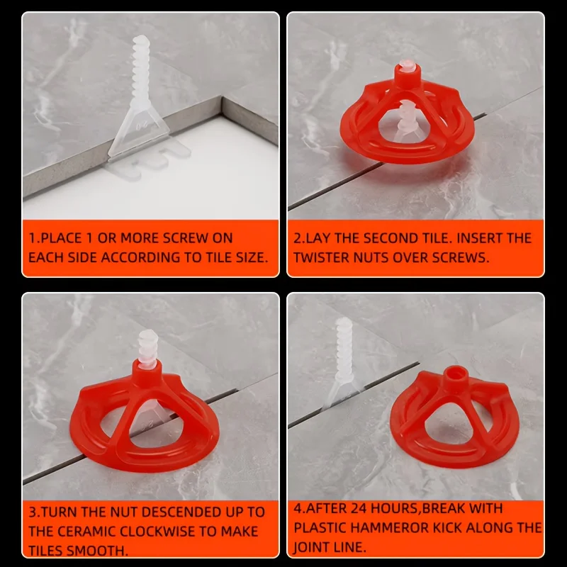 Zestaw podkładek poziomujących do płytek i wielorazowych osłonek, system poziomowania płytek z dystansem 1-3 mm, zestaw narzędzi budowlanych.